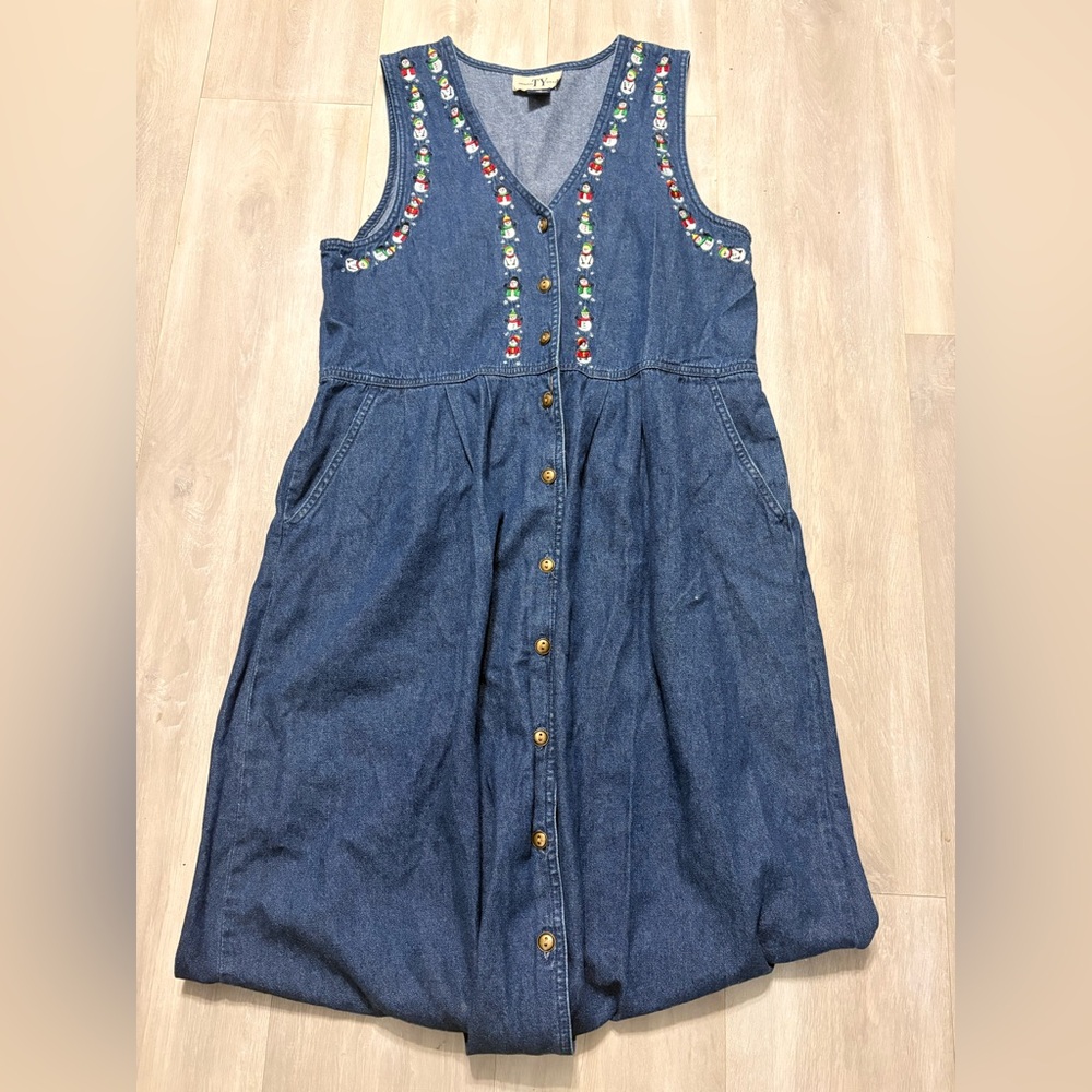 Ty Denim Button-Front Dress with Multicolor Embroidery - Blue